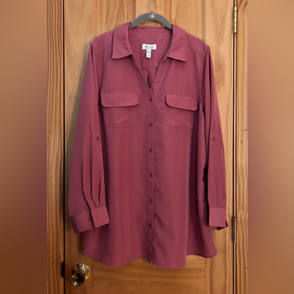 Denim & Co Roll Tab Sleeve Button Front Soft Utility Tunic 1X Berry